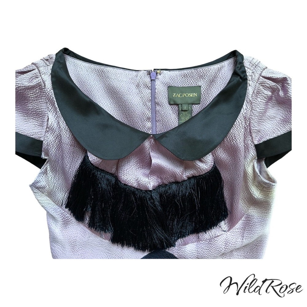 ZAC POSEN MARILYN DRESS - Lilac & Navy Blue Collared Fringe Silk Dress SZ 2 - Picture 4 of 17